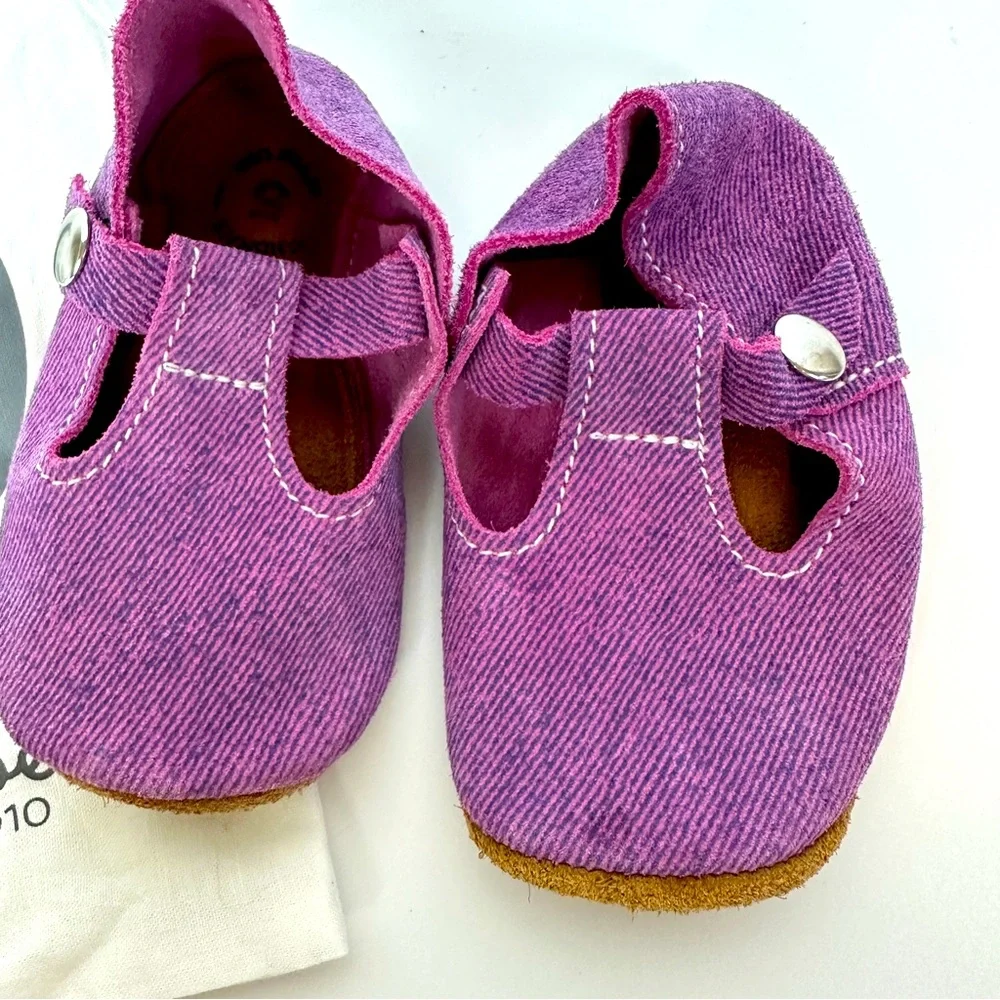 Pink Purple Denim Mon Petit Shoes Sz 5 Handmade Leather Baby Toddler MPs T-Strap